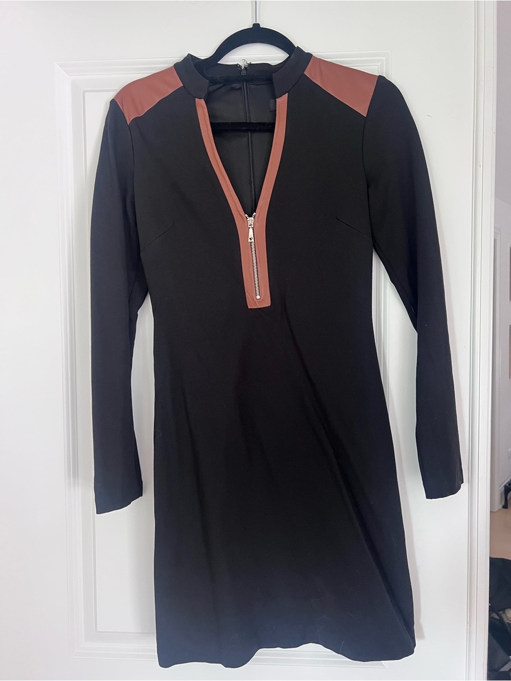 Guess black ponte mini dress with brown leather details 4